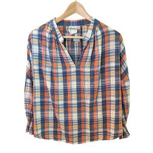 Finley Rex Newbury Port Plaid 3/4 Sleeve Popover Top Blue Orange Medium